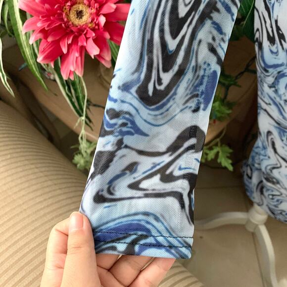 ASOS DESIGN Long Sleeve Mesh Midi Dress with Tie Waist Detail Blue Swirl Print - Picture 7 of 12